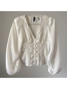 H&M Corset Style Blouse Puff Sleeve Milkmaid Top White XXS Cottagecore